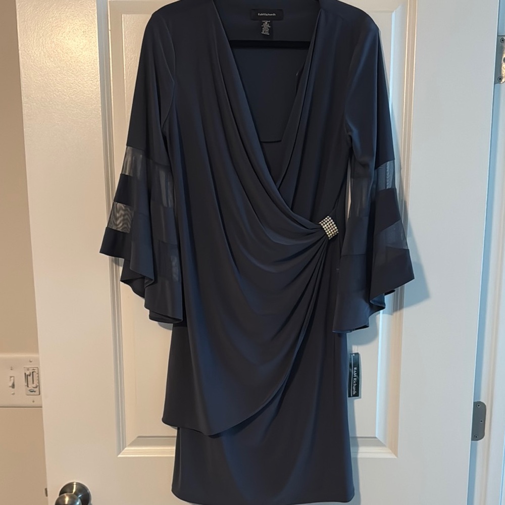 R&M Richards Black Asymmetrical Wrap Dress with Bell Sleeves